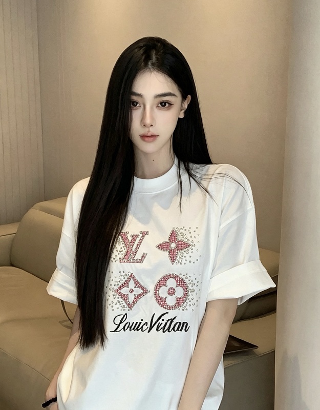 LOUIS VUITTON 26SS Embroidery Beaded Line Crew Neck White Short Sleeve T-Shirt
