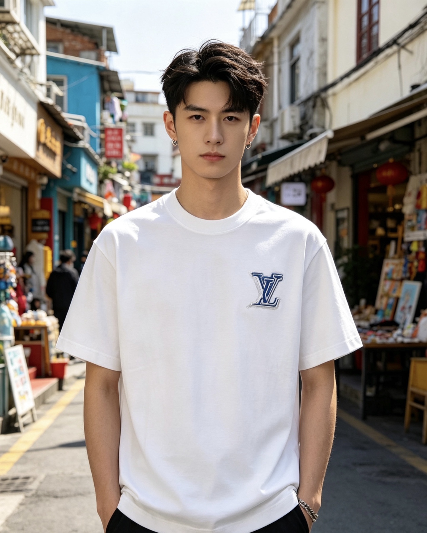 LOUIS VUITTON 26SS Embroidery Chest Crew Neck Denim Logo Black Short Sleeve T-Shirt