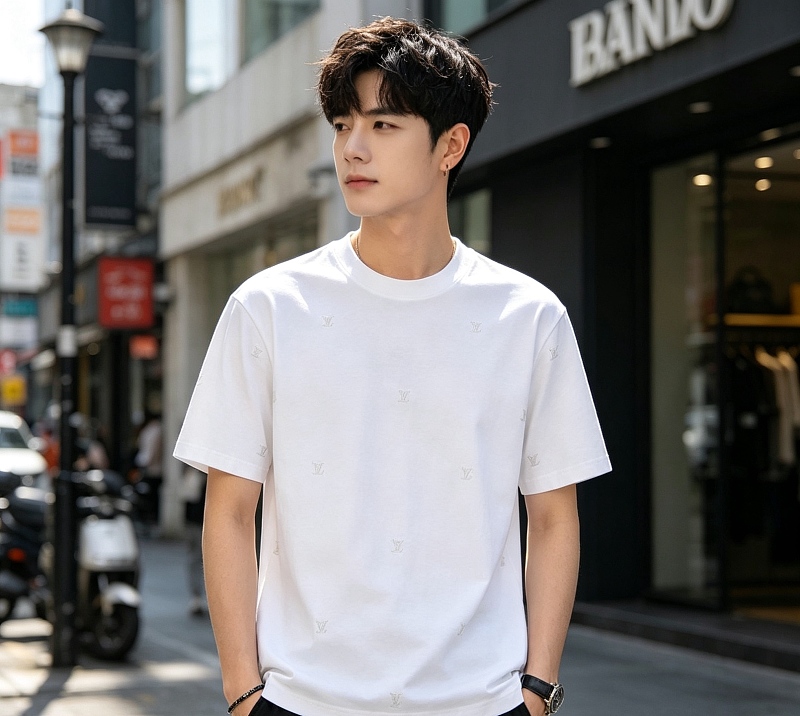 LOUIS VUITTON 26SS Tonal Pattern Embroidery Logo Black White Short Sleeve T-Shirt