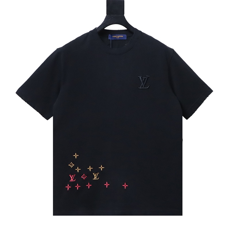 LOUIS VUITTON 26SS Triple Flower Hem Embroidery Crew Neck Black Short Sleeve T-Shirt