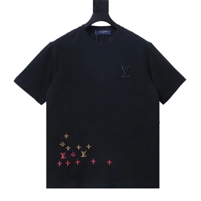 LOUIS VUITTON 26SS Triple Flower Hem Embroidery Crew Neck Black Short Sleeve T-Shirt 01