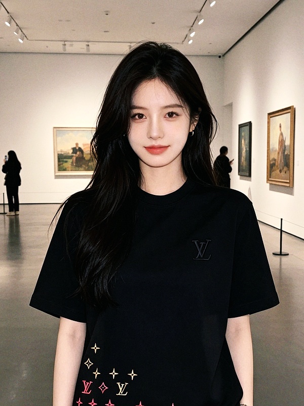 LOUIS VUITTON 26SS Triple Flower Hem Embroidery Crew Neck Black Short Sleeve T-Shirt
