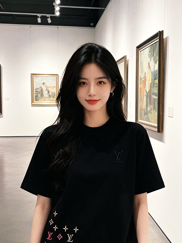 LOUIS VUITTON 26SS Triple Flower Hem Embroidery Crew Neck Black Short Sleeve T-Shirt