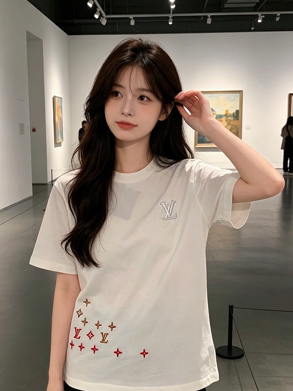 LOUIS VUITTON 26SS Triple Flower Hem Embroidery Crew Neck White Short Sleeve T-Shirt