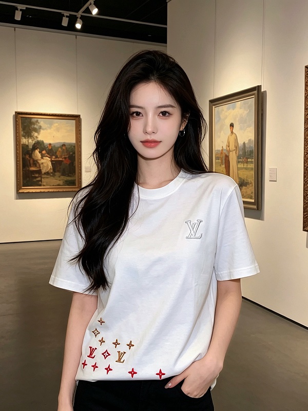 LOUIS VUITTON 26SS Triple Flower Hem Embroidery Crew Neck White Short Sleeve T-Shirt