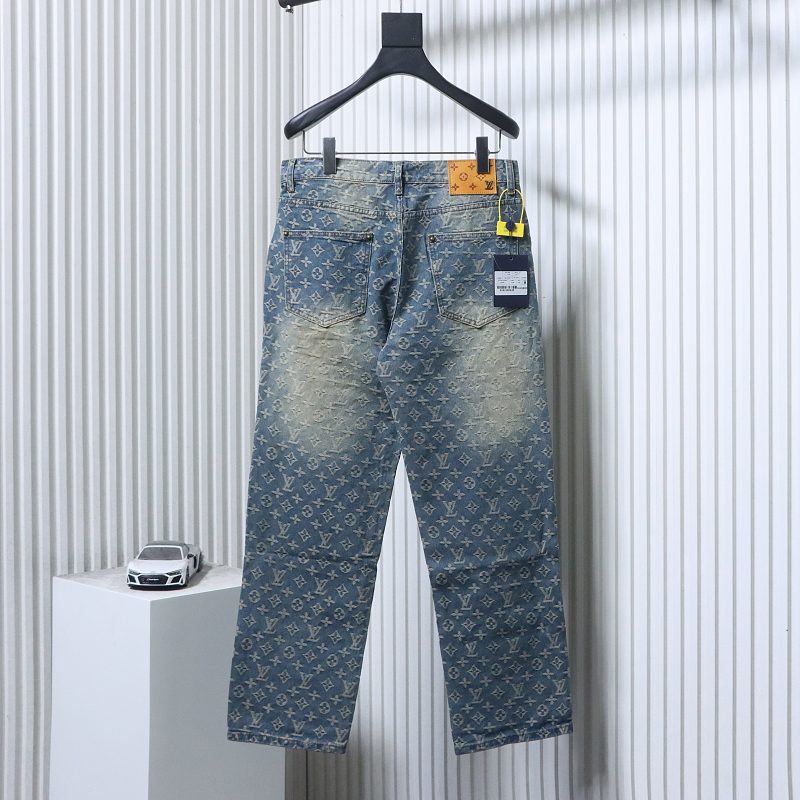 LOUIS VUITTON Allover Print Monogram Jacquard Monogram High Quality Denim Short Sleeve T-Shirt