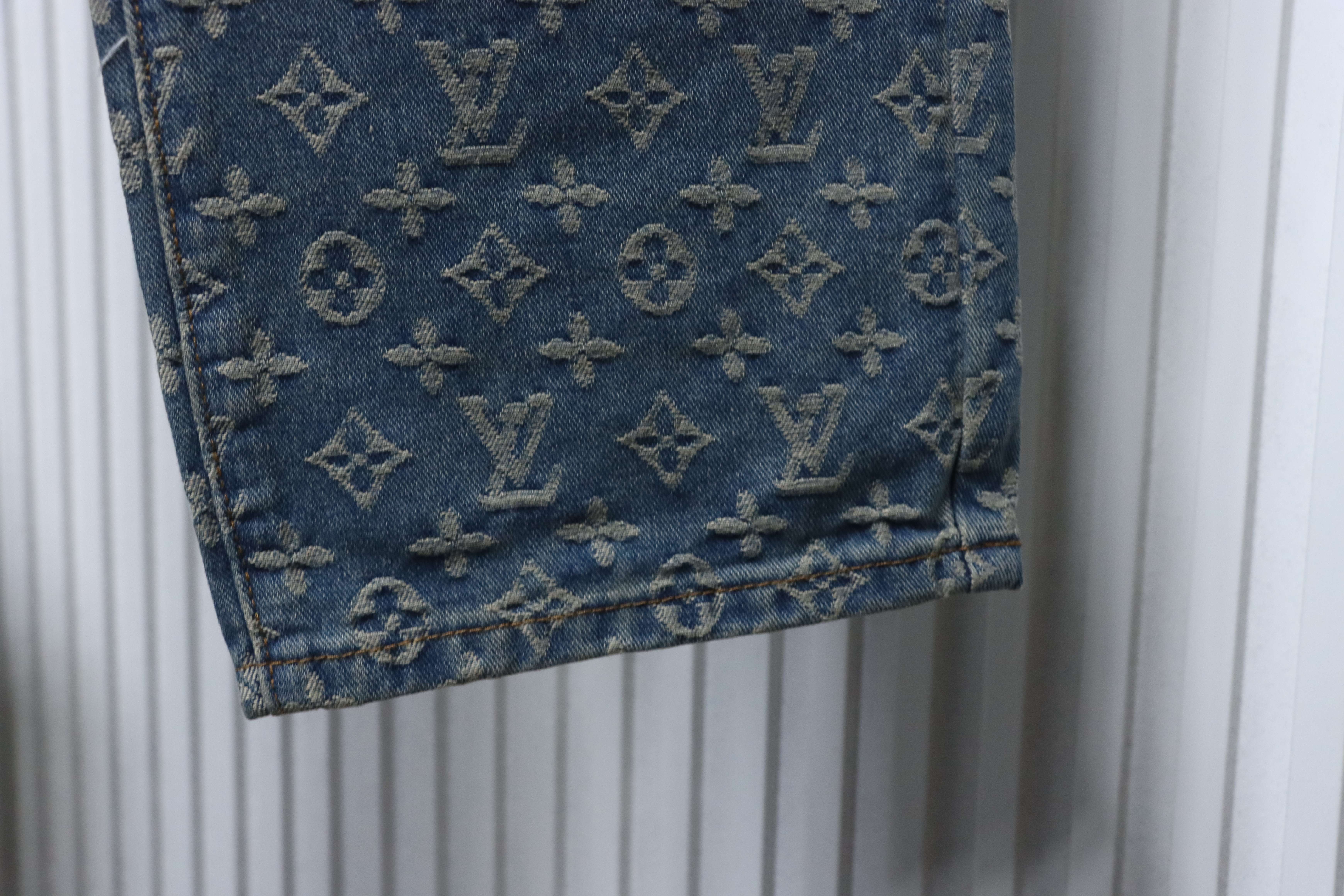 LOUIS VUITTON Allover Print Monogram Jacquard Monogram High Quality Denim Short Sleeve T-Shirt