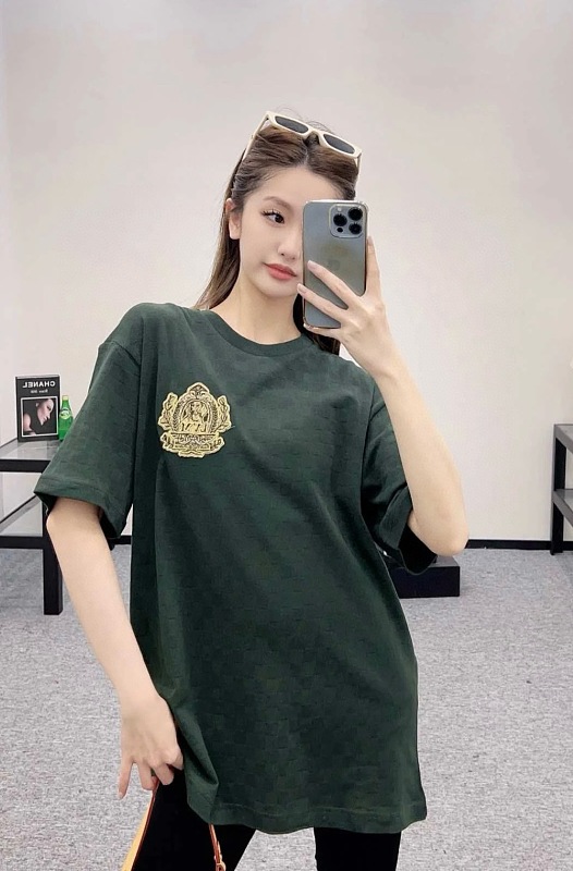 LOUIS VUITTON Checkerboard Embroidery Black Short Sleeve T-Shirt