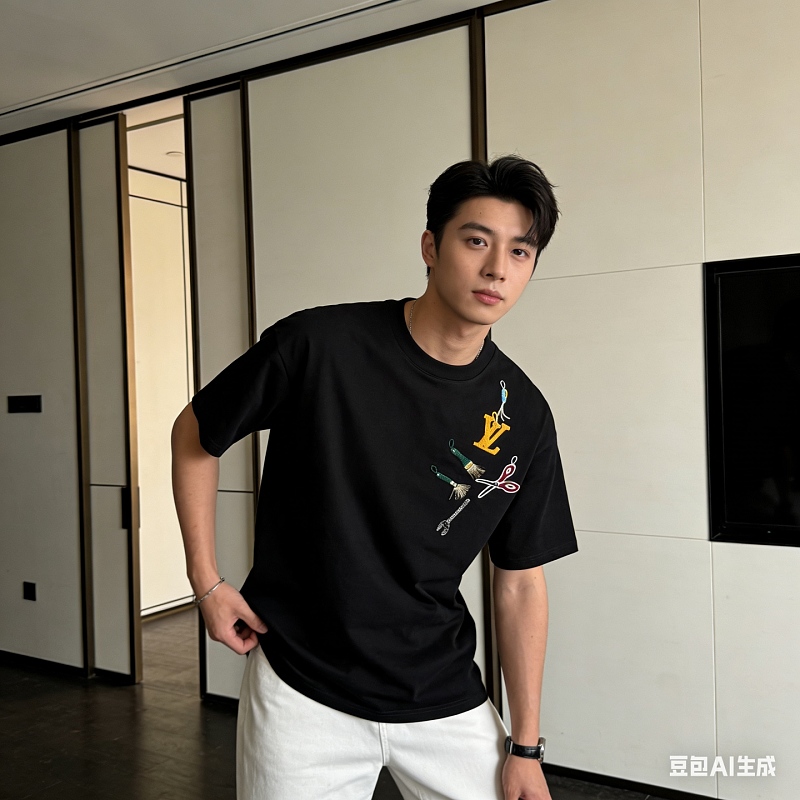 LOUIS VUITTON Chest Black White Short Sleeve T-Shirt