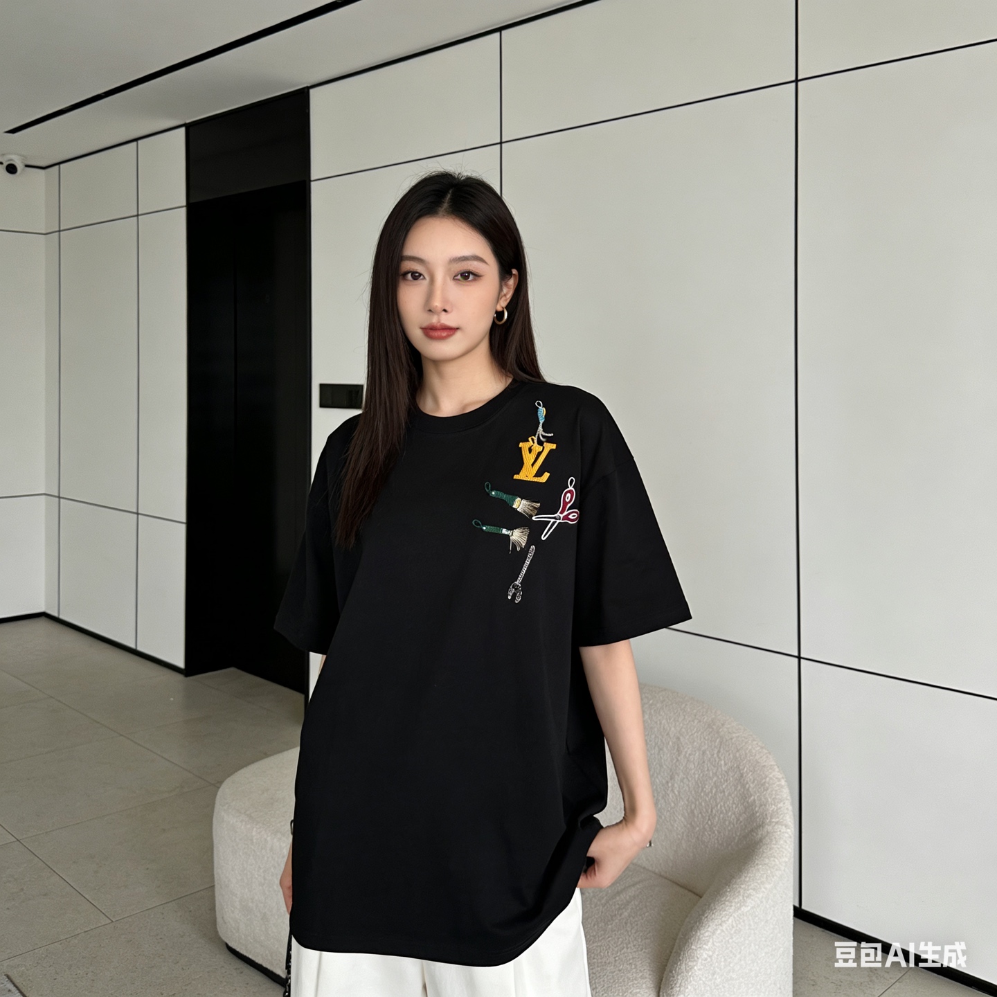LOUIS VUITTON Chest Black White Short Sleeve T-Shirt