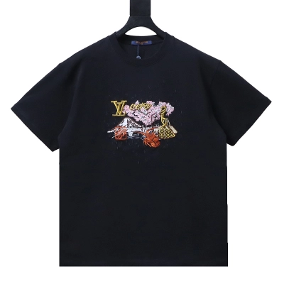 LOUIS VUITTON Cultural Landscape Pattern Embroidery Black White Short Sleeve T-Shirt 01