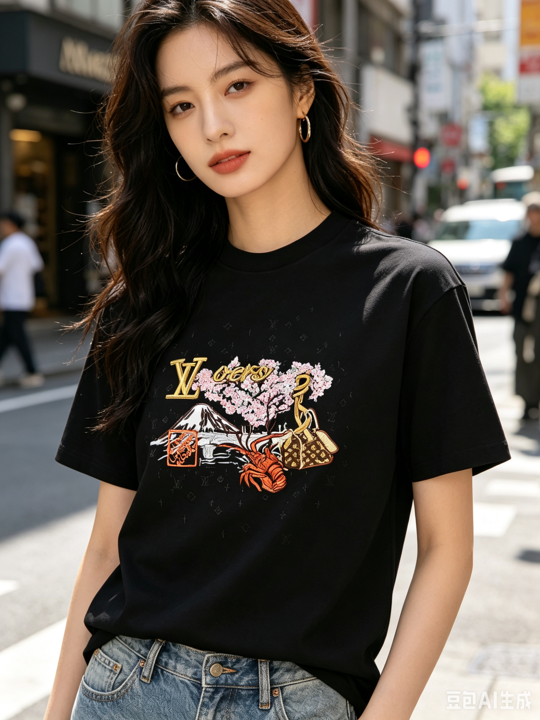 LOUIS VUITTON Cultural Landscape Pattern Embroidery Black White Short Sleeve T-Shirt