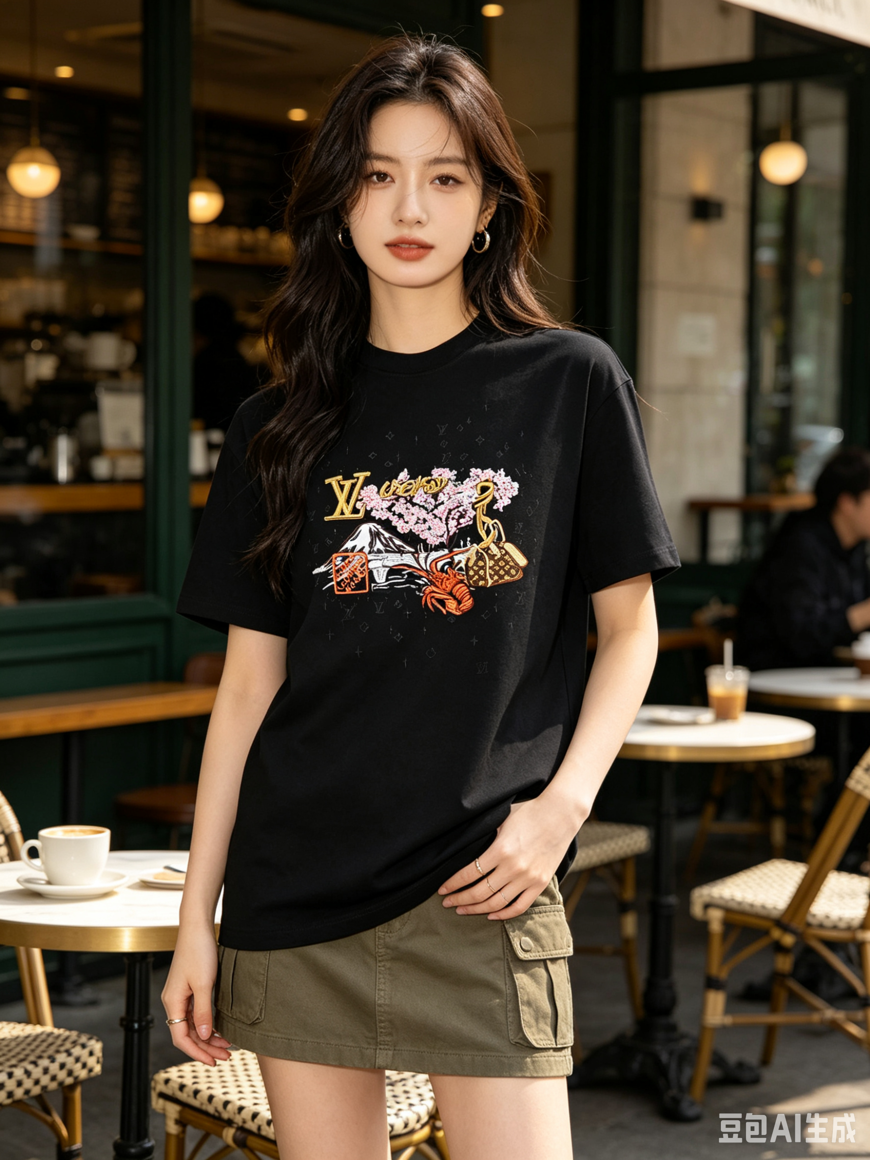 LOUIS VUITTON Cultural Landscape Pattern Embroidery Black White Short Sleeve T-Shirt