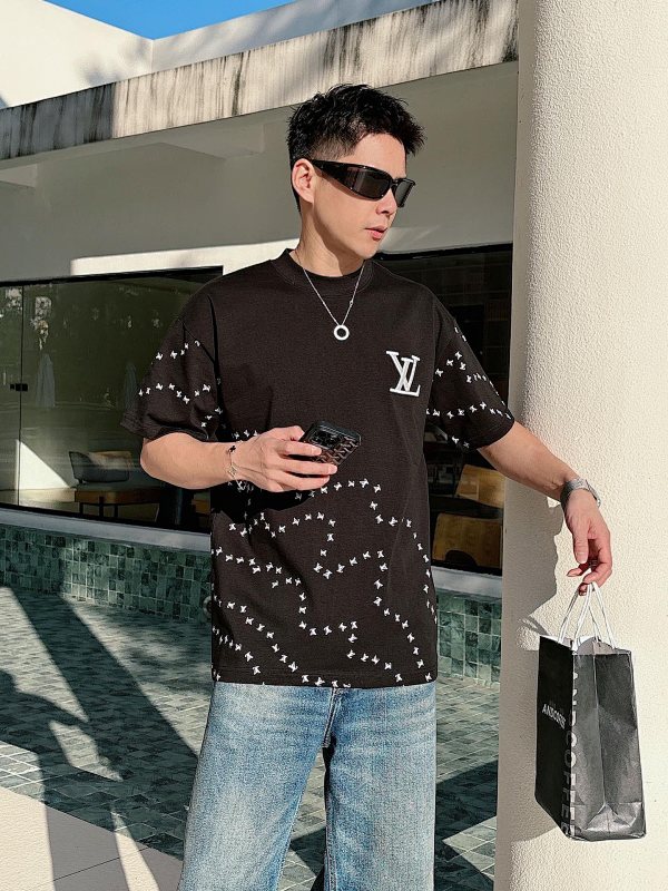 LOUIS VUITTON Embroidery Logo Black White Short Sleeve T-Shirt