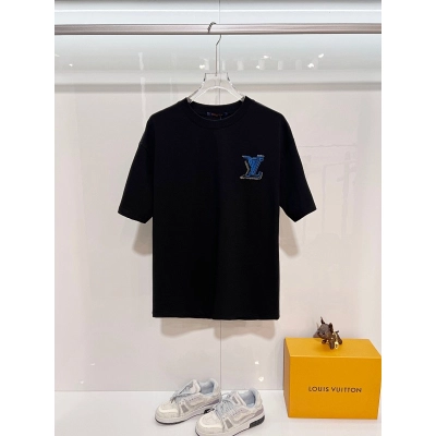 LOUIS VUITTON High Quality 320g Crew Neck Black White Short Sleeve T-Shirt Style 4 01