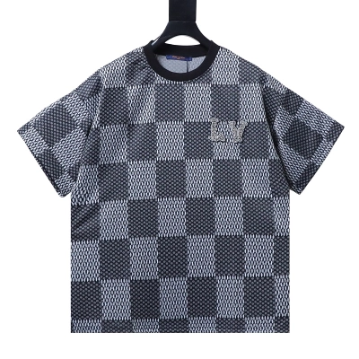 LOUIS VUITTON Letter Checkerboard Logo Black Short Sleeve T-Shirt 01