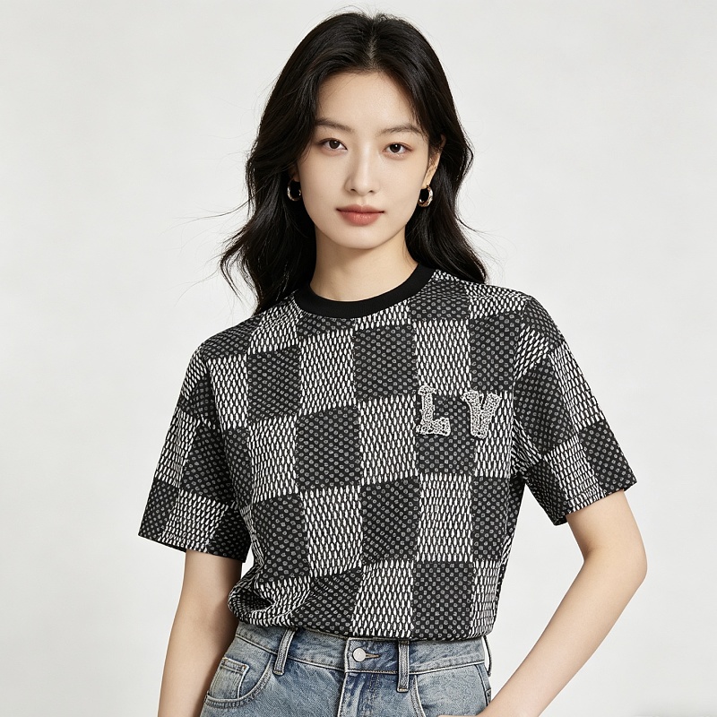 LOUIS VUITTON Letter Checkerboard Logo Black Short Sleeve T-Shirt