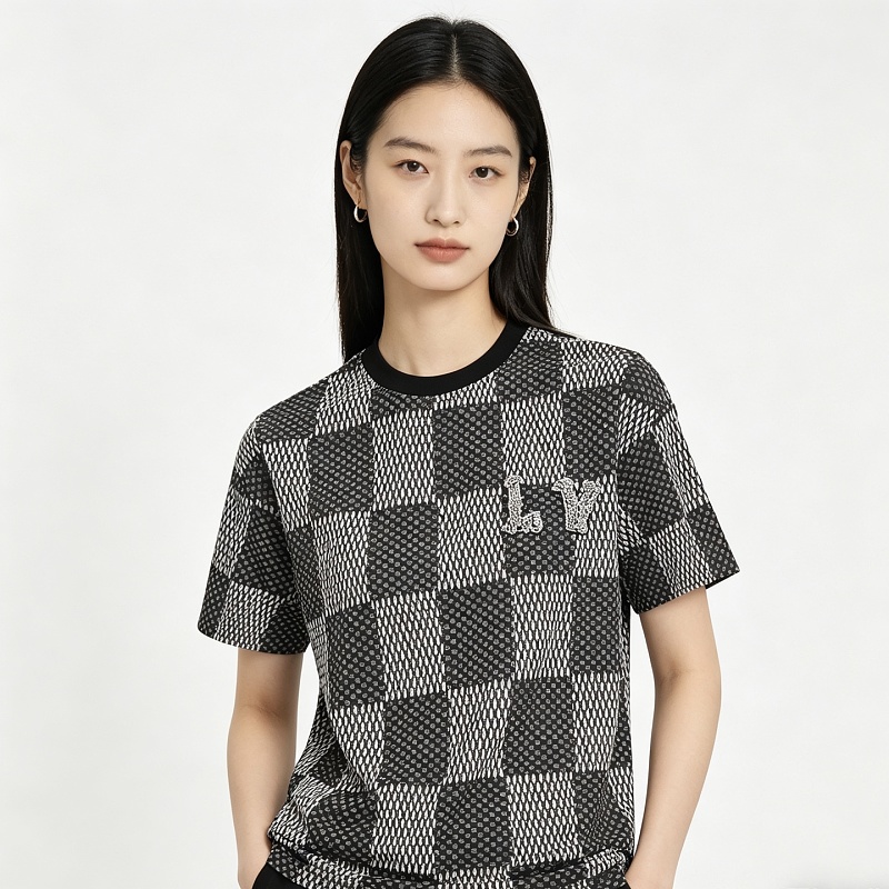 LOUIS VUITTON Letter Checkerboard Logo Black Short Sleeve T-Shirt