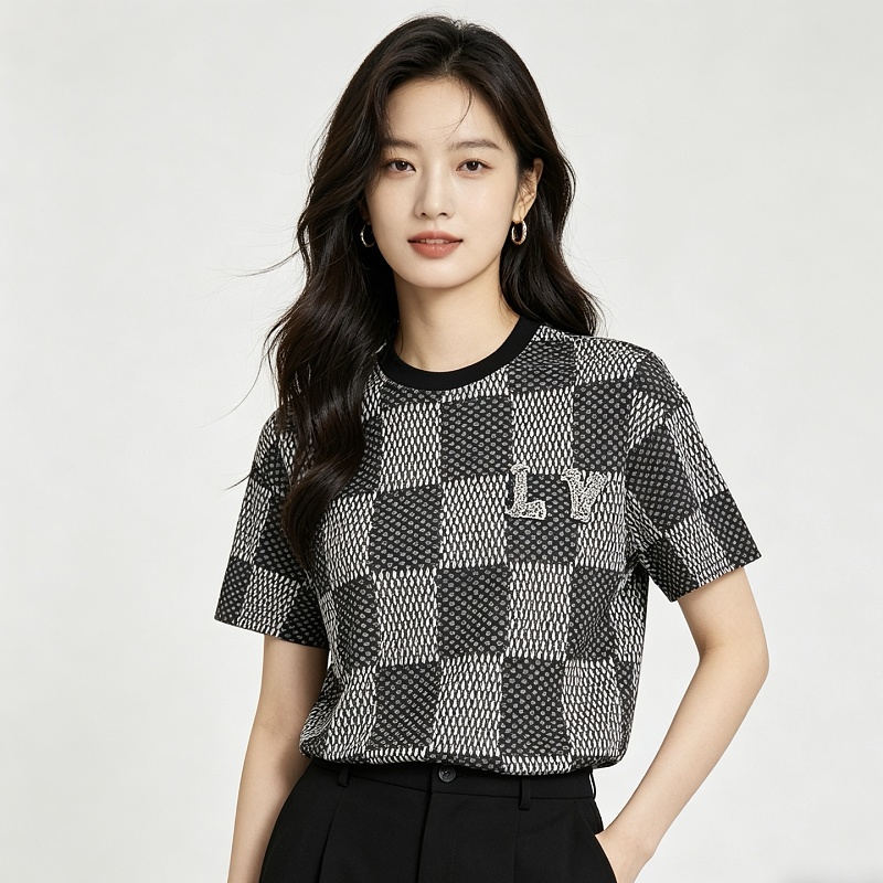 LOUIS VUITTON Letter Checkerboard Logo Black Short Sleeve T-Shirt