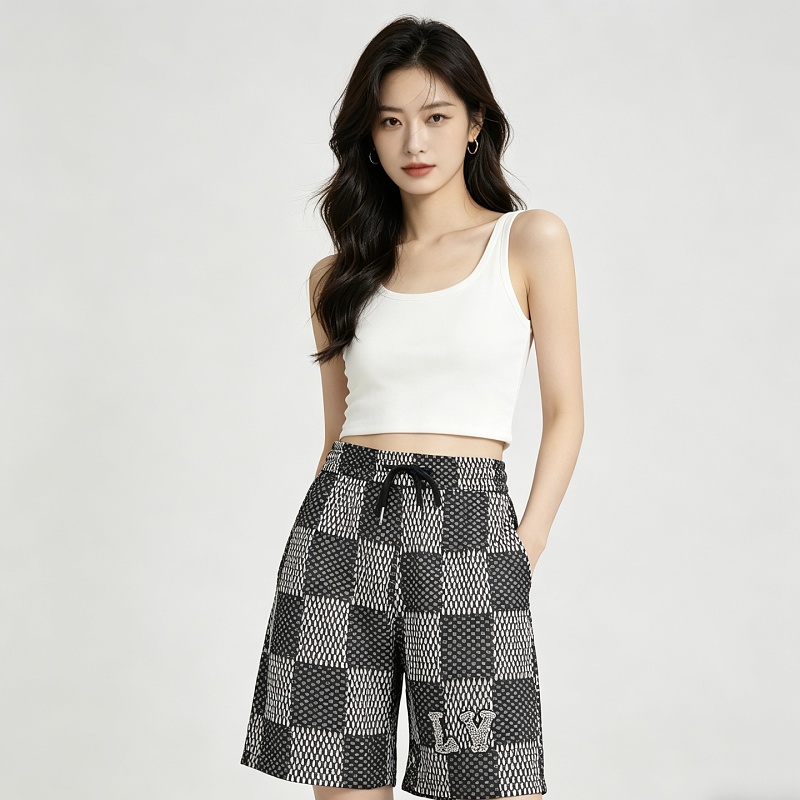 LOUIS VUITTON Letter Checkerboard Logo Black Shorts