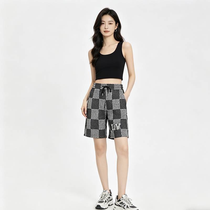 LOUIS VUITTON Letter Checkerboard Logo Black Shorts