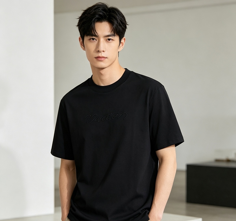 LOUIS VUITTON Letter Embroidery Black White Short Sleeve T-Shirt