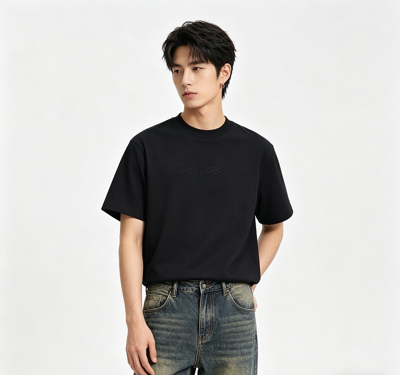LOUIS VUITTON Letter Embroidery Black White Short Sleeve T-Shirt