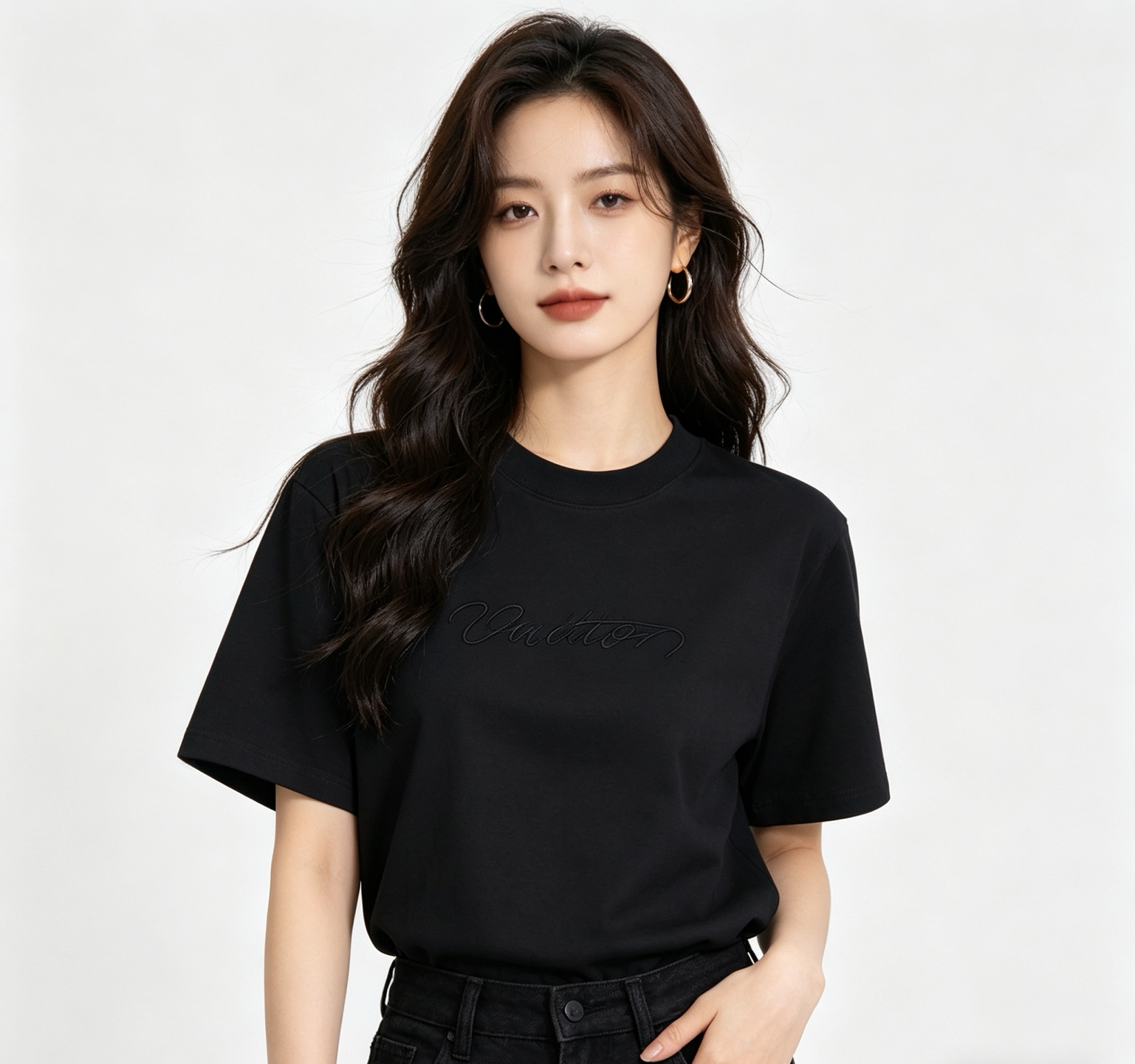 LOUIS VUITTON Letter Embroidery Black White Short Sleeve T-Shirt