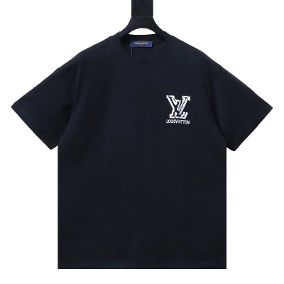 LOUIS VUITTON Letter Embroidery Logo Black White Short Sleeve T-Shirt 01