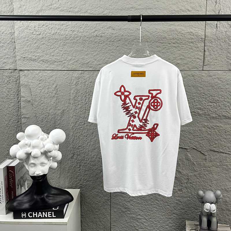 LOUIS VUITTON Letter Embroidery Print Black Short Sleeve T-Shirt