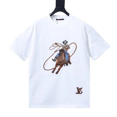 LOUIS VUITTON Letter Hem Embroidery Denim Short Sleeve T-Shirt 01