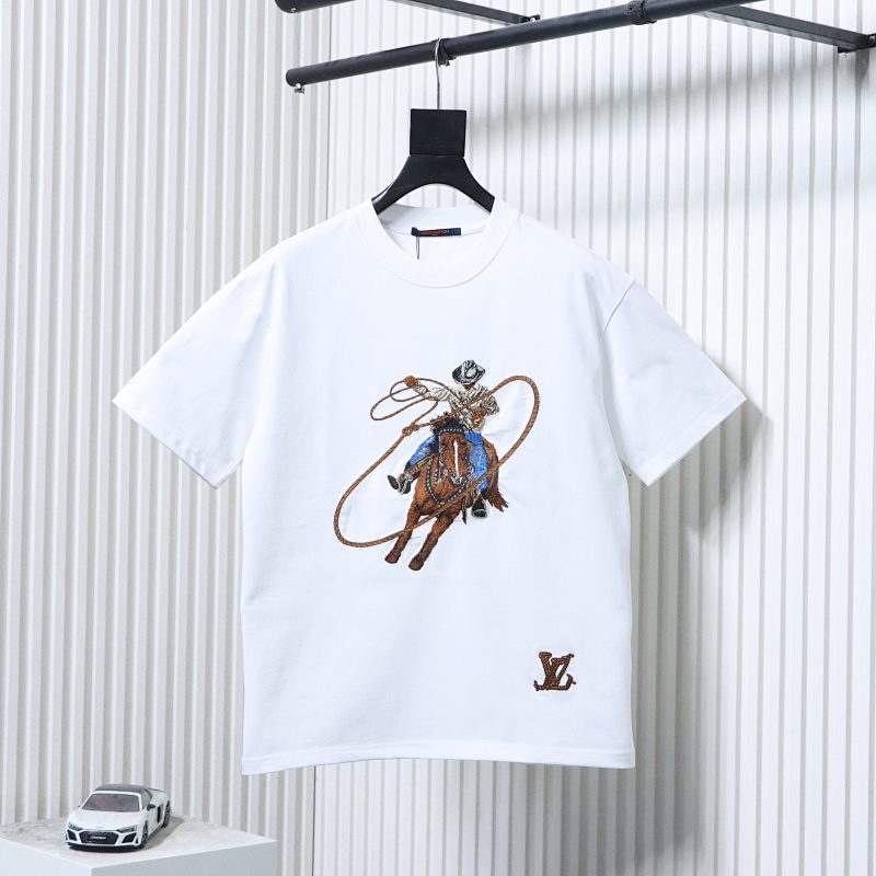 LOUIS VUITTON Letter Hem Embroidery Denim Short Sleeve T-Shirt