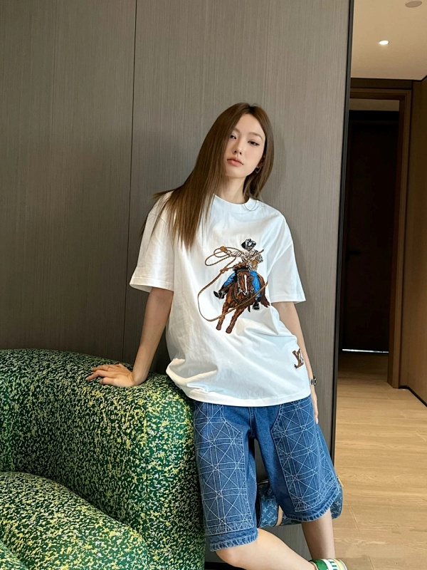 LOUIS VUITTON Letter Hem Embroidery Denim Short Sleeve T-Shirt