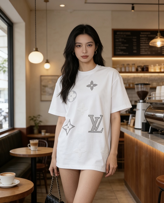 LOUIS VUITTON Print Logo Black White Short Sleeve T-Shirt