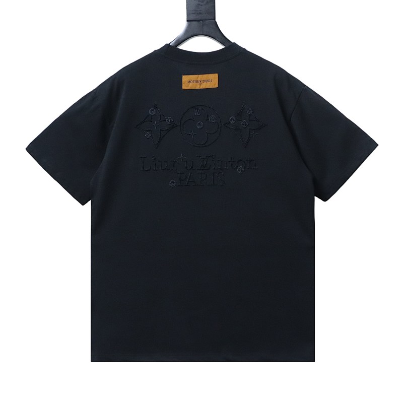 LOUIS VUITTON Triple Flower Embroidery Black White Short Sleeve T-Shirt Style 2