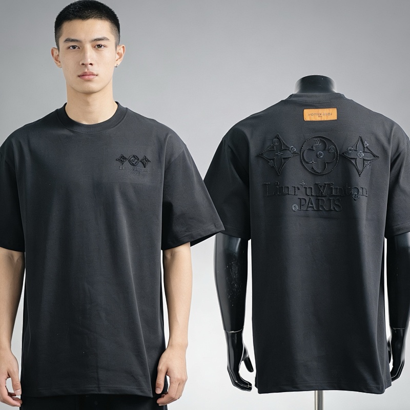 LOUIS VUITTON Triple Flower Embroidery Black White Short Sleeve T-Shirt Style 2