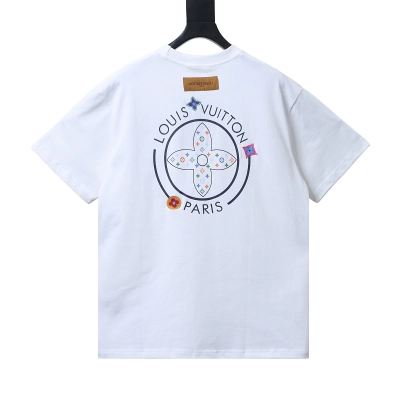 LOUIS VUITTON Triple Flower Embroidery Logo Black White Short Sleeve T-Shirt 01