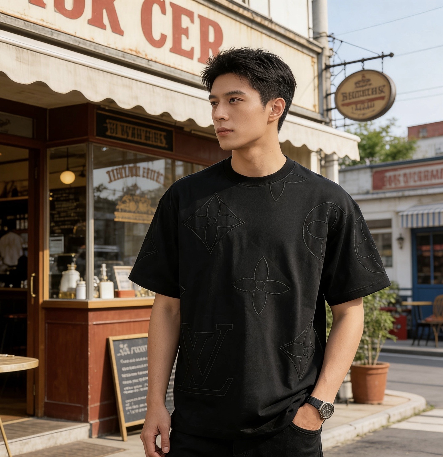 LOUIS VUITTON Triple Flower Embroidery Logo Black White Short Sleeve T-Shirt Style 1