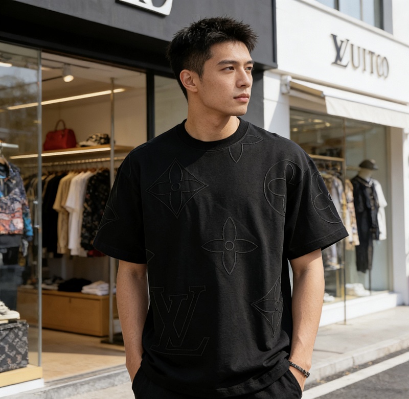 LOUIS VUITTON Triple Flower Embroidery Logo Black White Short Sleeve T-Shirt Style 2