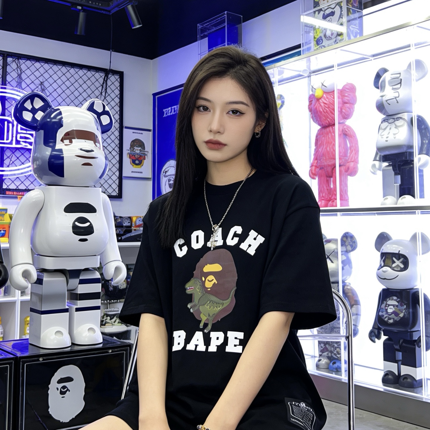 BAPE 26SS Ape Head Coach Collaboration Print Dinosaur Short Sleeve T-Shirt Style 2