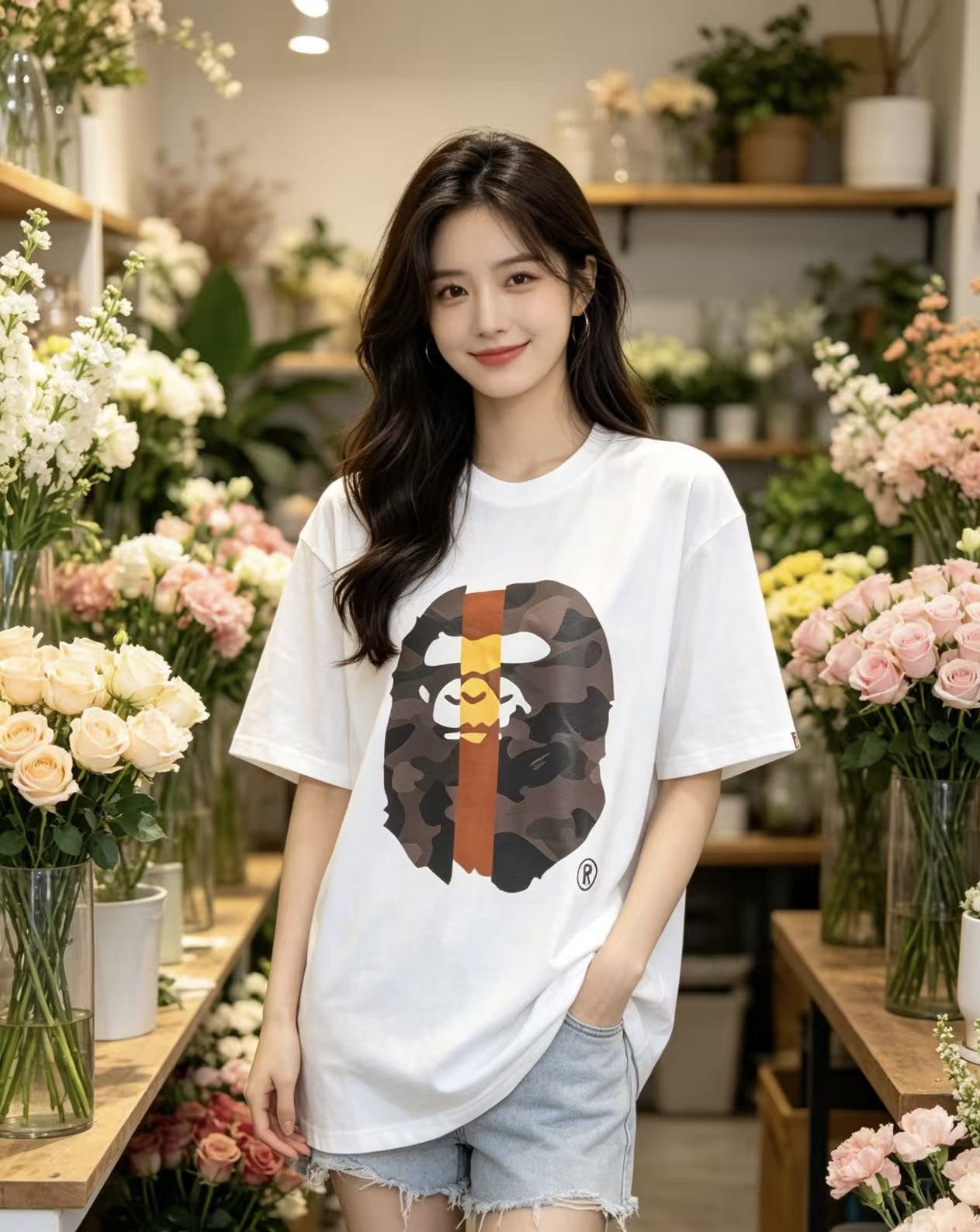 BAPE 26SS Ape Head Print Vertical Stripe Contrast Short Sleeve T-Shirt Style 1