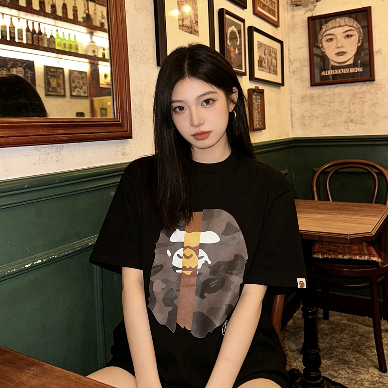 BAPE 26SS Ape Head Print Vertical Stripe Contrast Short Sleeve T-Shirt Style 2