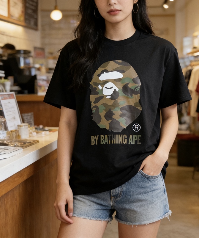 BAPE 26SS Big Ape Head Letter Print Green Camo Classic Green Short Sleeve T-Shirt Style 1