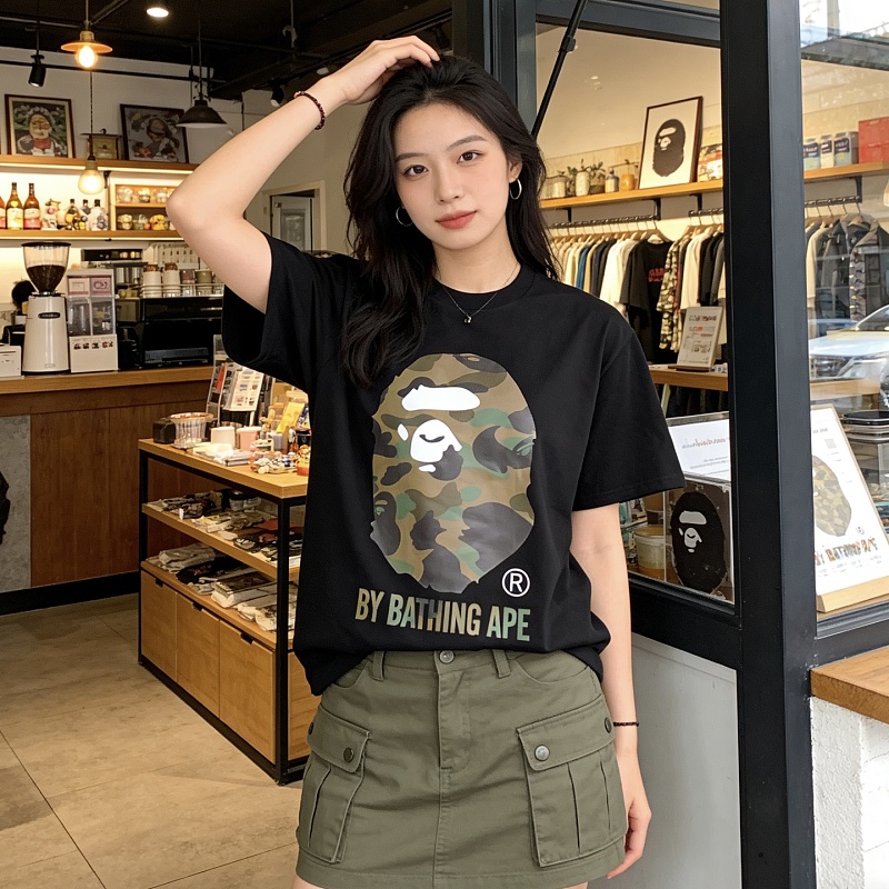 BAPE 26SS Big Ape Head Letter Print Green Camo Classic Green Short Sleeve T-Shirt Style 1