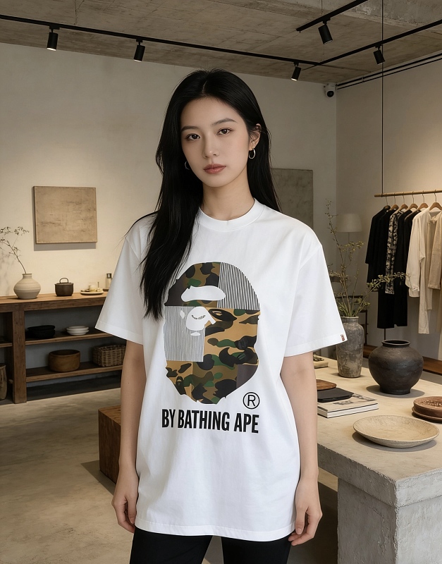 BAPE 26SS Big Ape Head Letter Print Patchwork Camo Short Sleeve T-Shirt