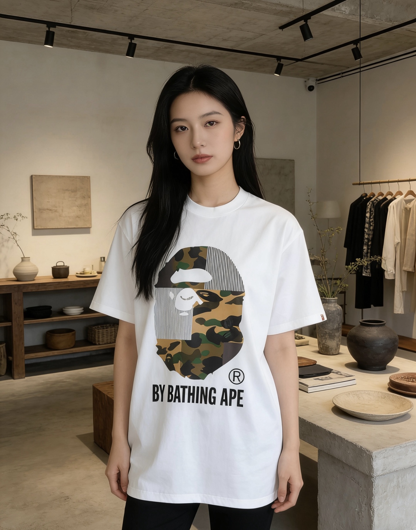 BAPE 26SS Big Ape Head Letter Print Patchwork Camo Short Sleeve T-Shirt