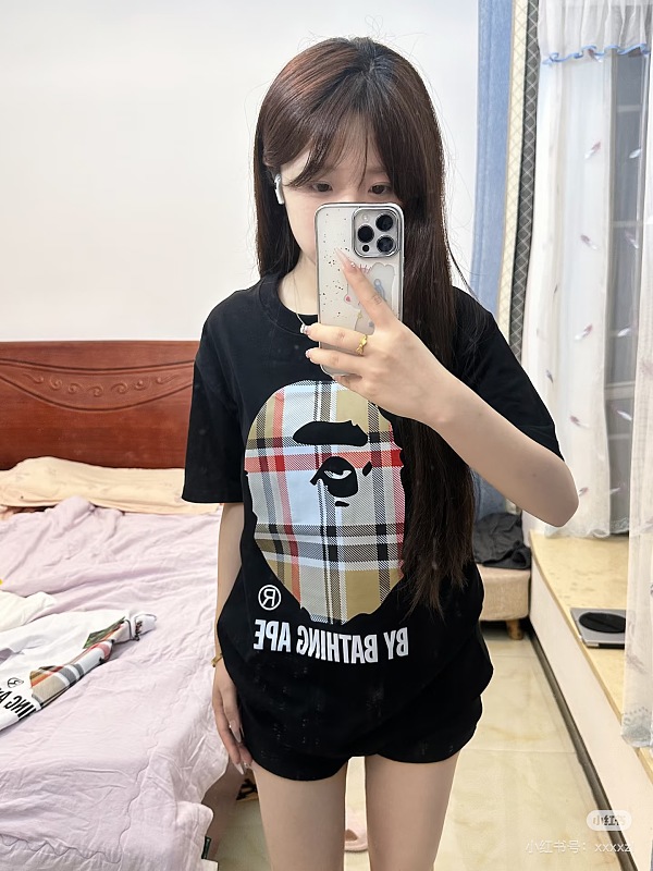 BAPE Ape Head Letter Print Check Short Sleeve T-Shirt Style 2