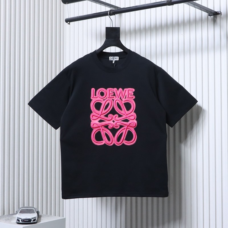 Loewe Neon Embroidered Fluorescent Pink Short Sleeve T-Shirt -2