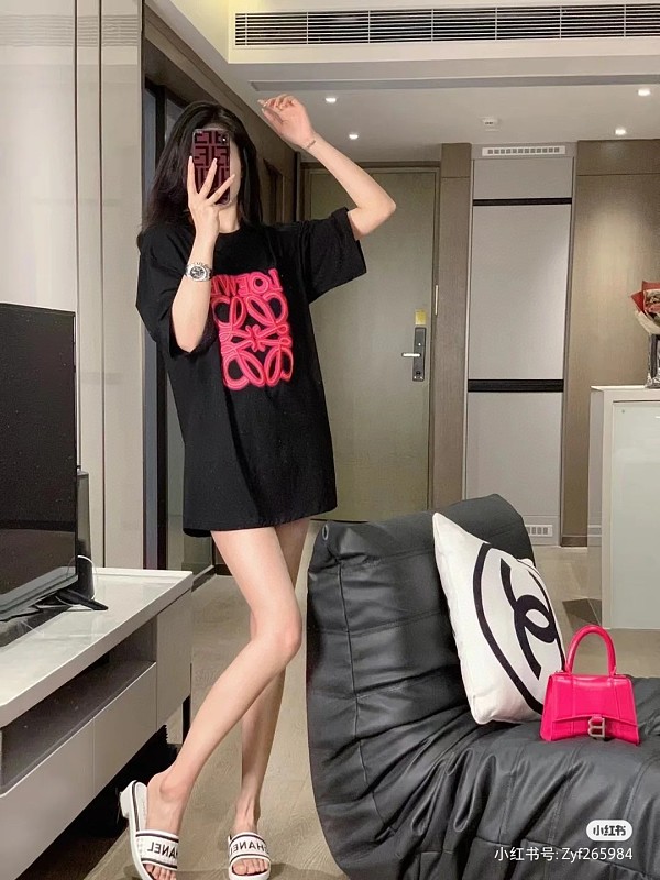 Loewe Neon Embroidered Fluorescent Pink Short Sleeve T-Shirt -2