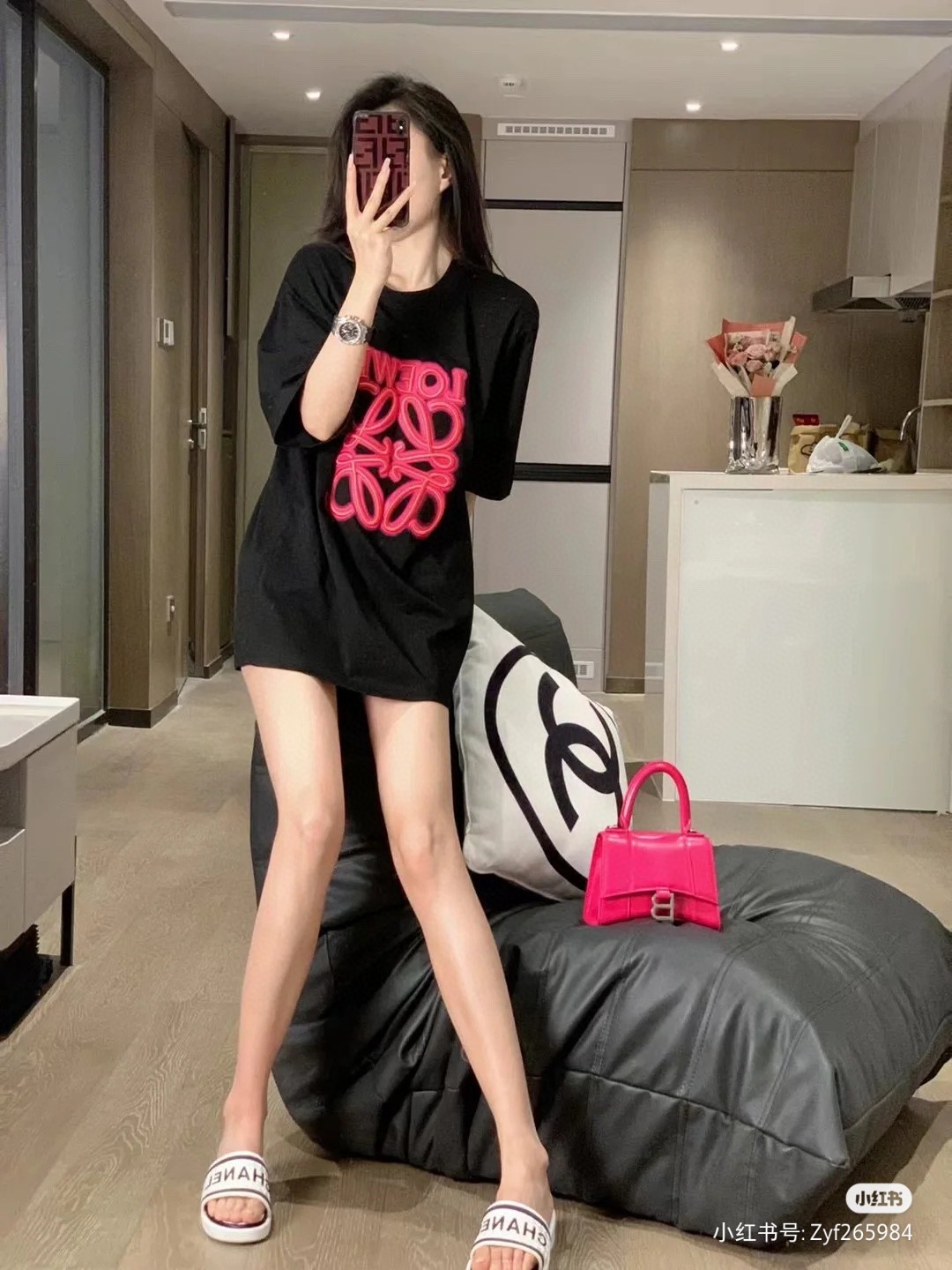 Loewe Neon Embroidered Fluorescent Pink Short Sleeve T-Shirt -2